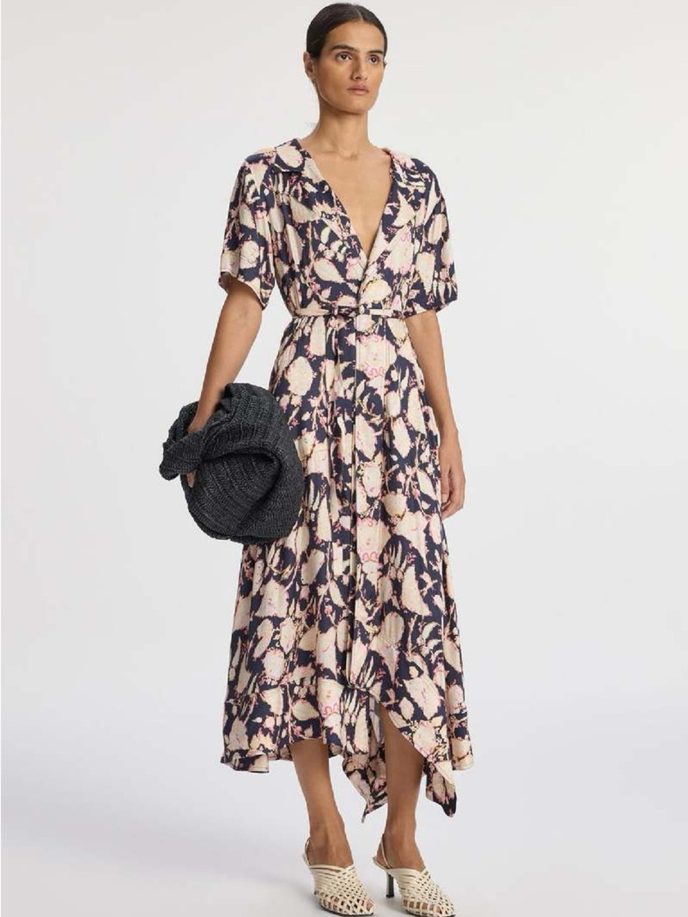 A.L.C. Emery Maritime Navy and Blush Floral High-Low Wrap Dress - Size 12 - Maxi